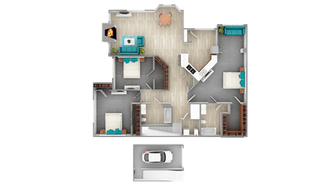 Floor plan for 3 beds, 2 baths, 1556 sqft